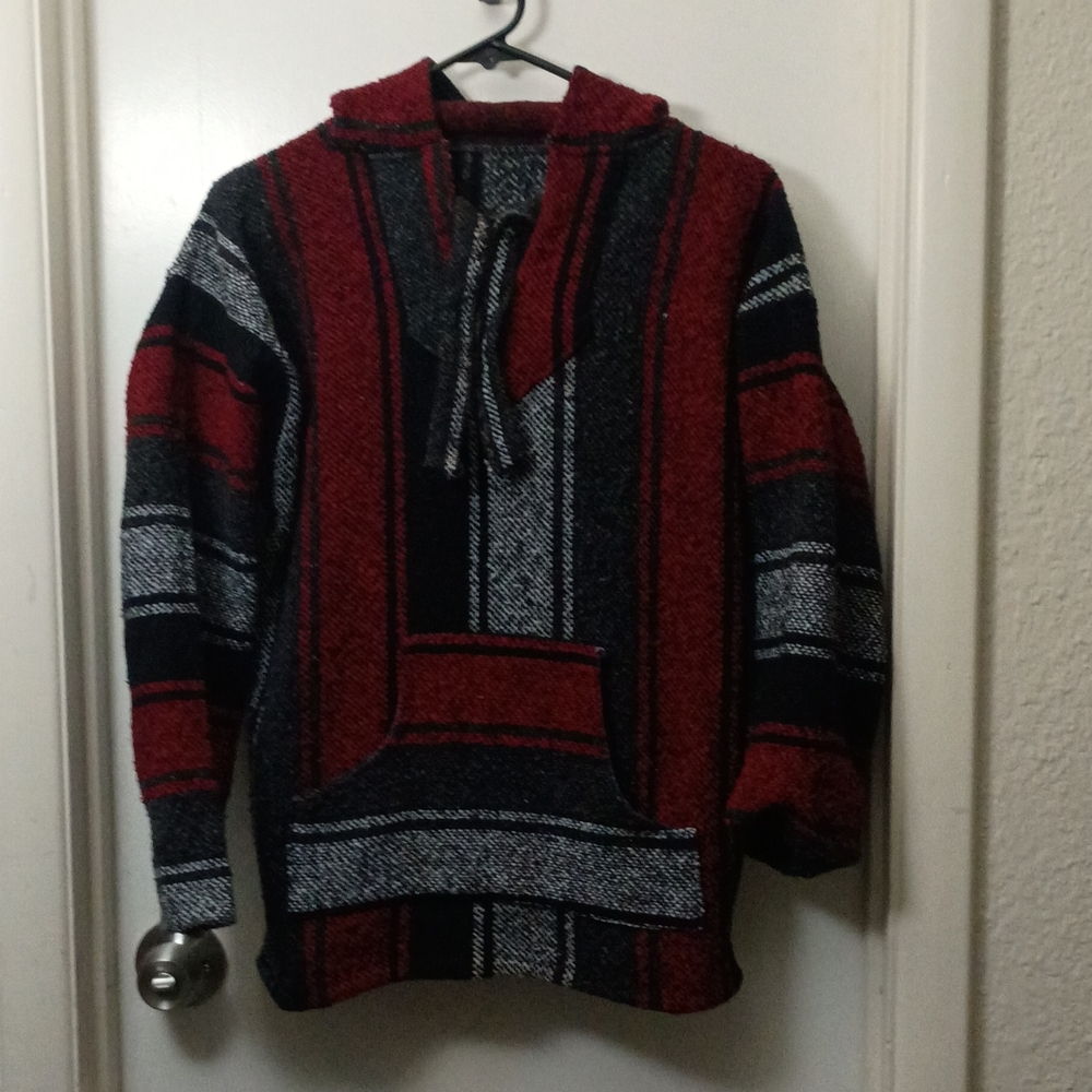 Men's Red Black Gray Striped Pullover Hoodie Long Sleeve Hooded Knit